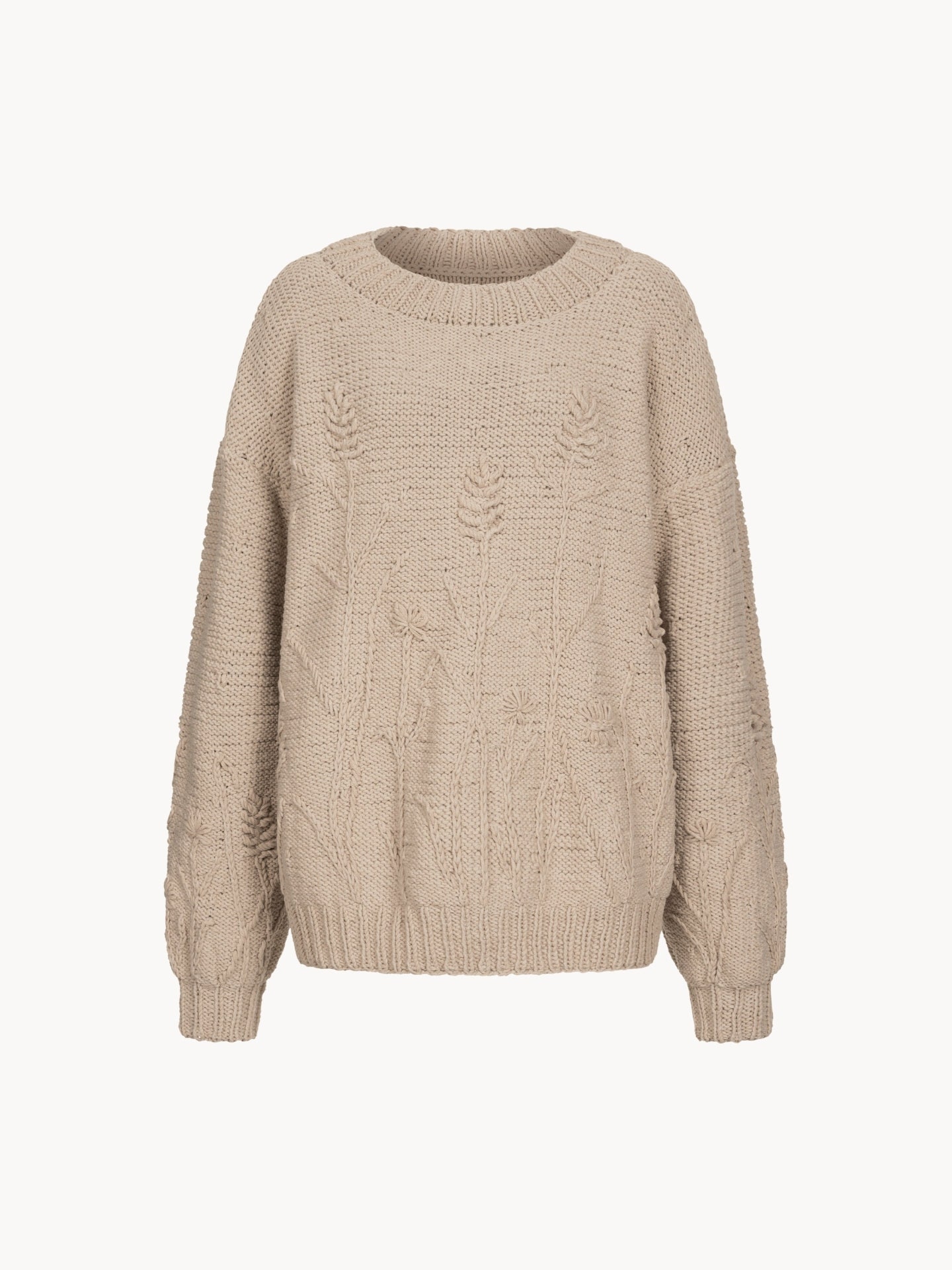 Hand-embroidered Yellow Floral Cotton Sweater - Chunky Knit Pullover