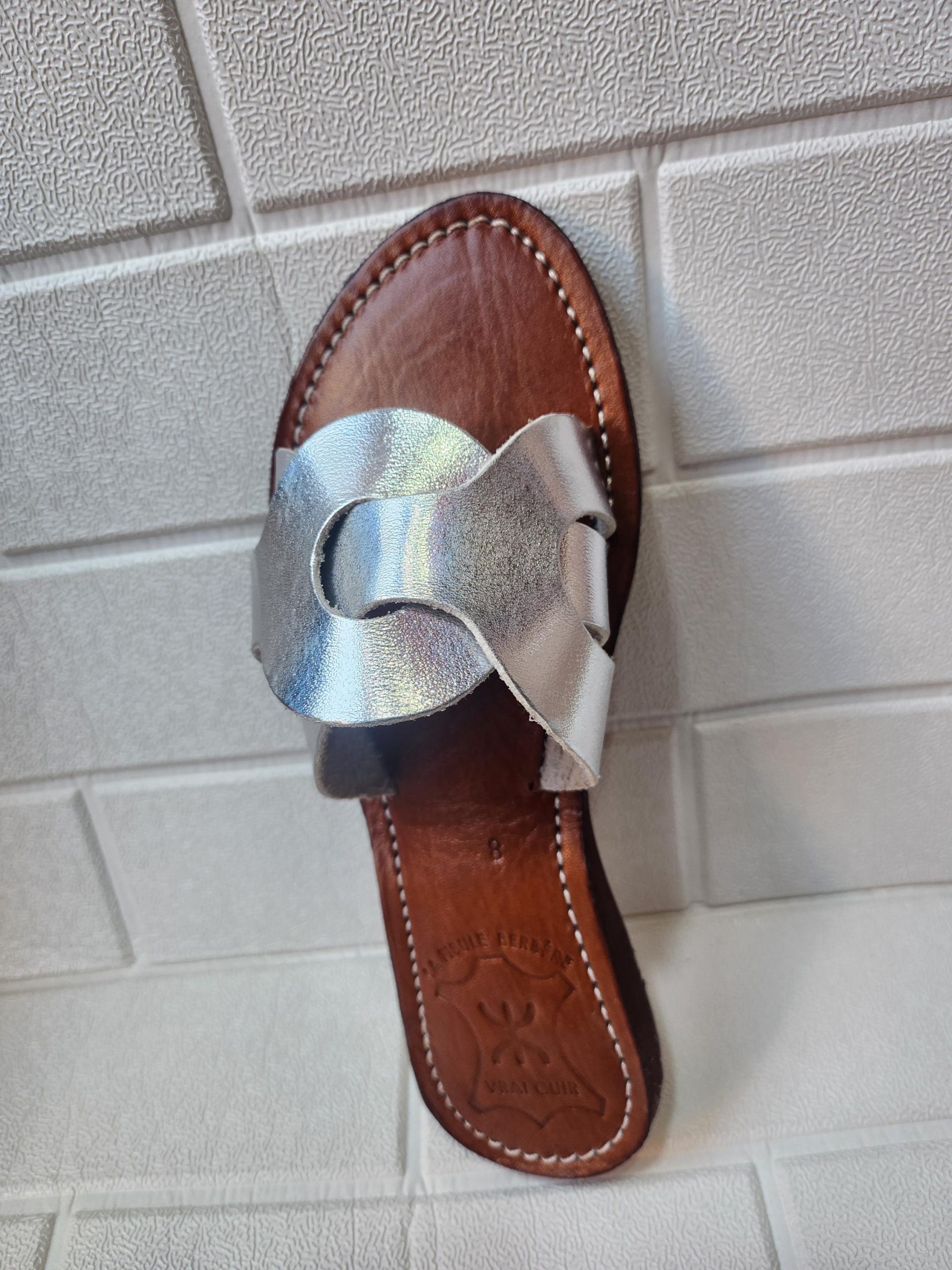 Handmade Moroccan Silver-tone Leather Sandals For Women – Hstyle Slip On Flats – Brown Sole Summer Slides – Boho Leather Slippers