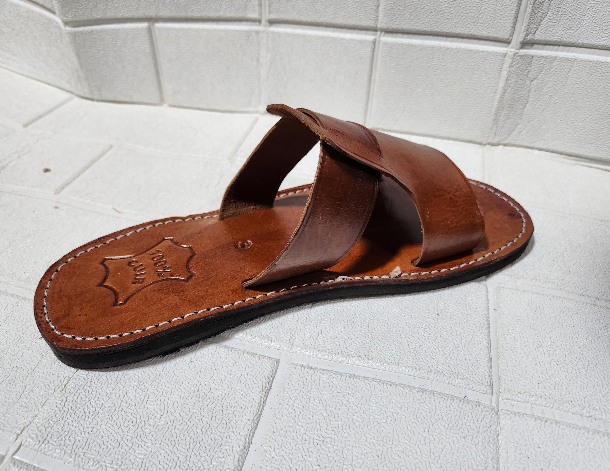 Handmade Moroccan Leather Sandals Men – Brown Artisan Slip On Shoes Gift