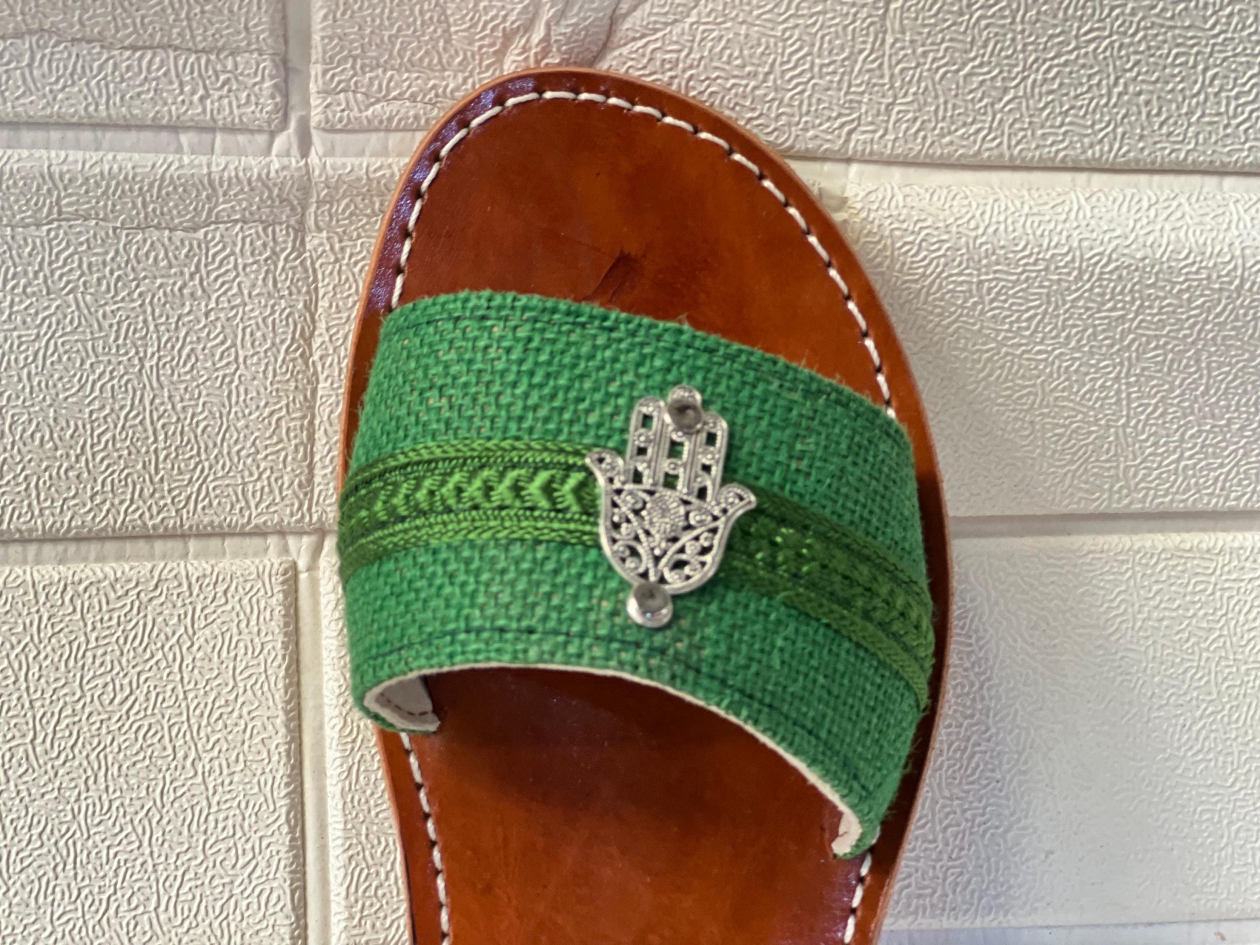 Handmade Moroccan Women Sandals – Turquoise Strap With Hamsa Charm | Leather Flats