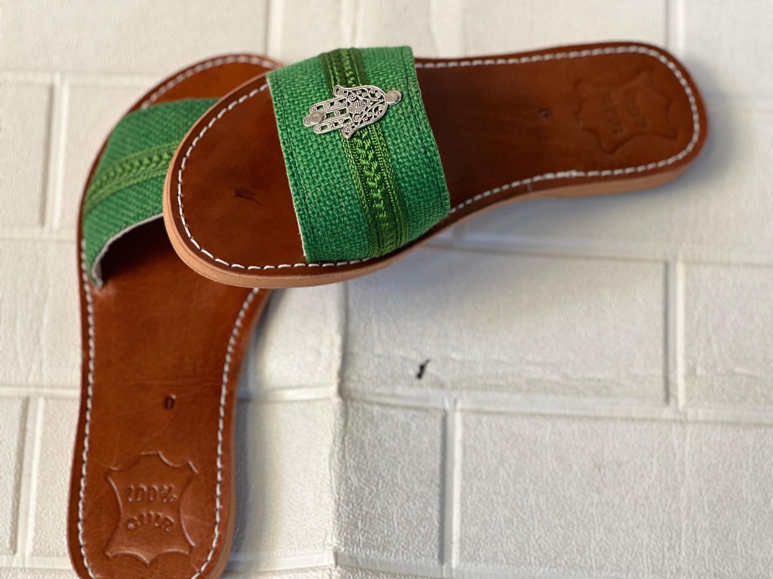 Handmade Moroccan Women Sandals – Turquoise Strap With Hamsa Charm | Leather Flats