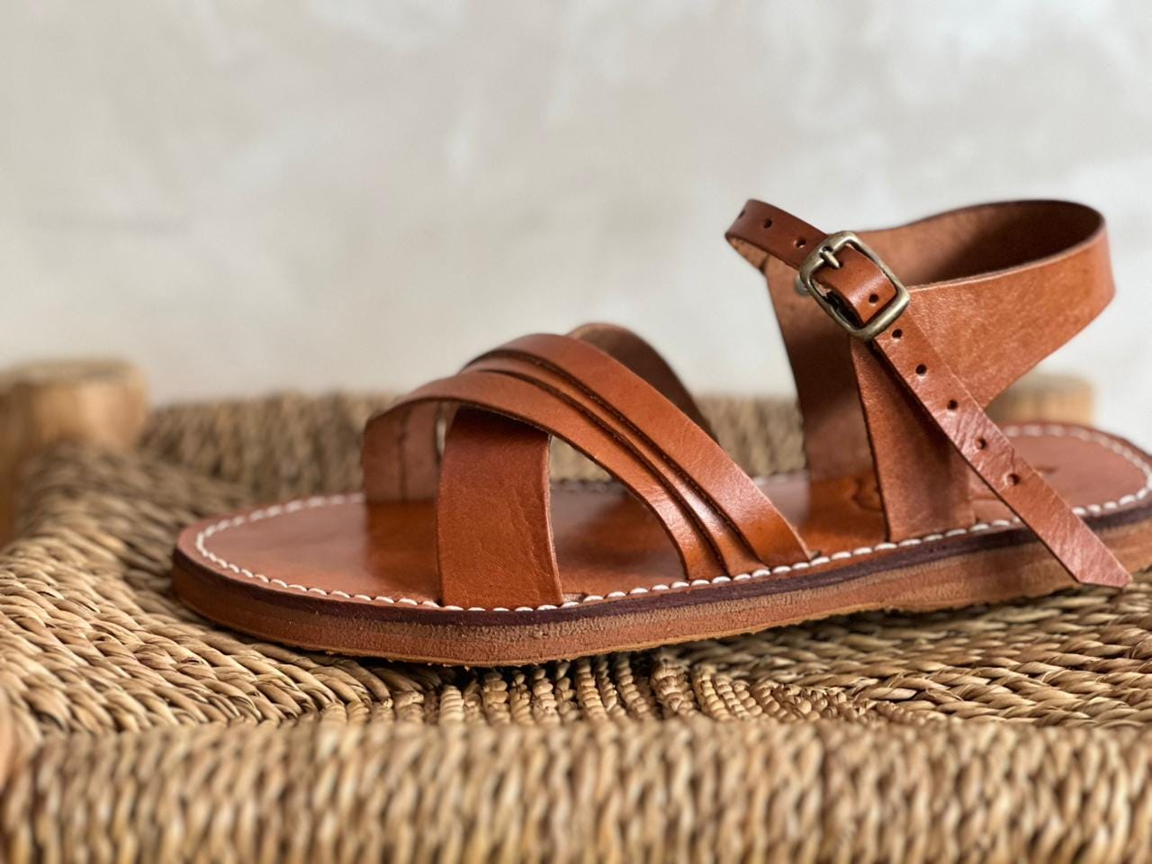 Handmade Moroccan Brown Leather Sandals – Cross Strap Flat Slides Women