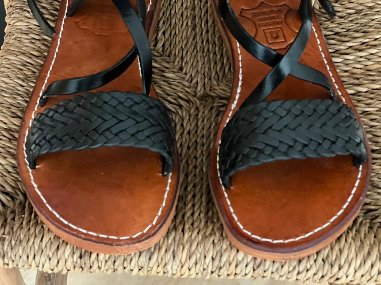 Black Braided Moroccan Leather Sandals – Handmade Flat Straps – Custom Fit