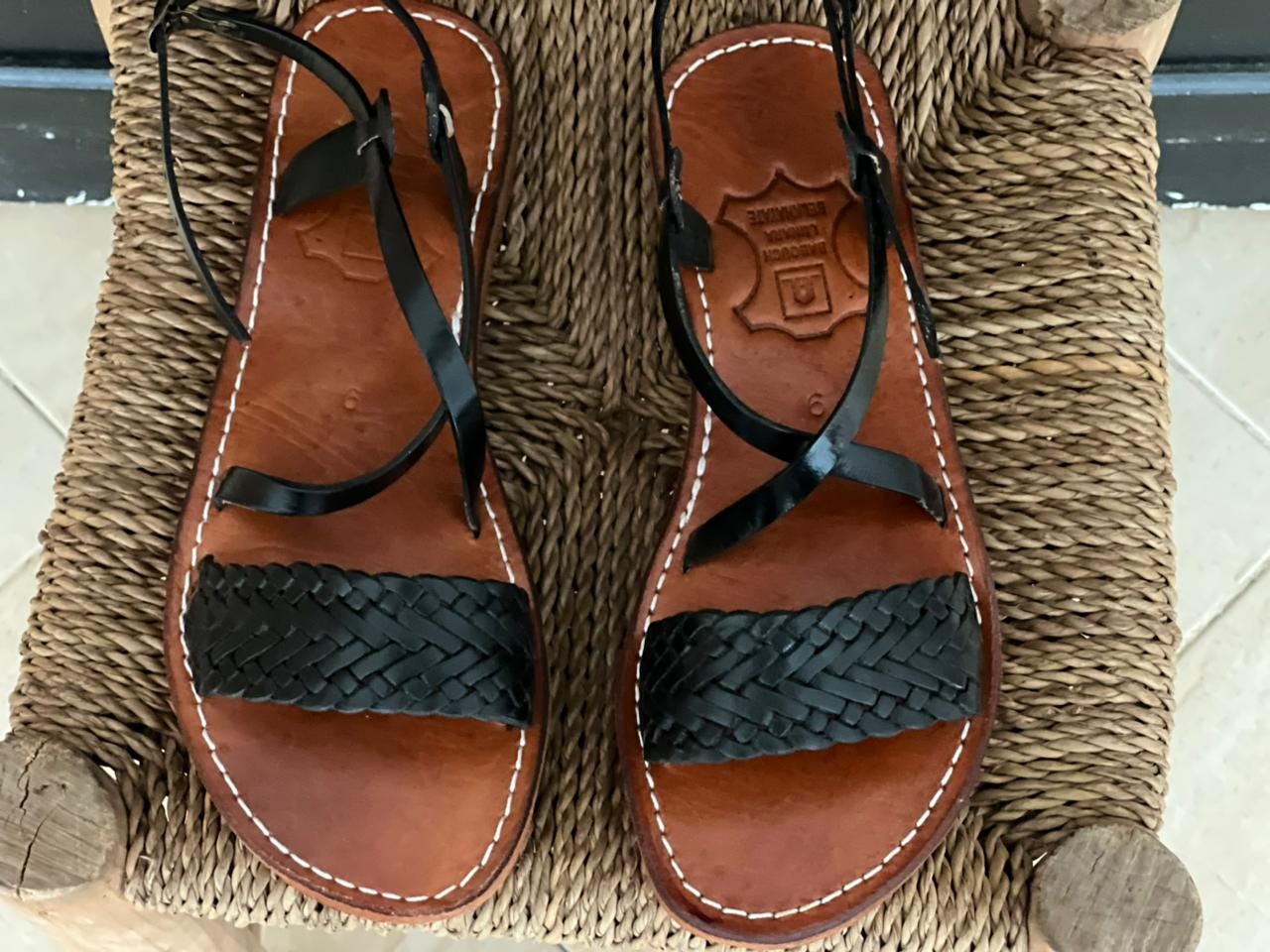 Black Braided Moroccan Leather Sandals – Handmade Flat Straps – Custom Fit
