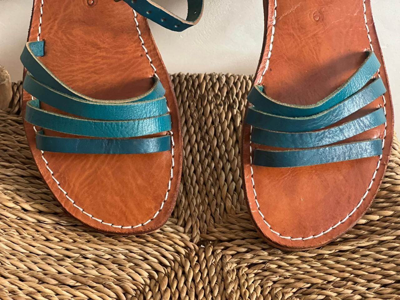 Handmade Moroccan Blue Leather Sandals Women Flat Strappy Summer Shoes